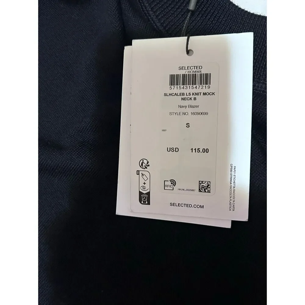 Selected Homme Men’s S Navy 100% Merino Wool Mock Neck Knit Sweater NWT